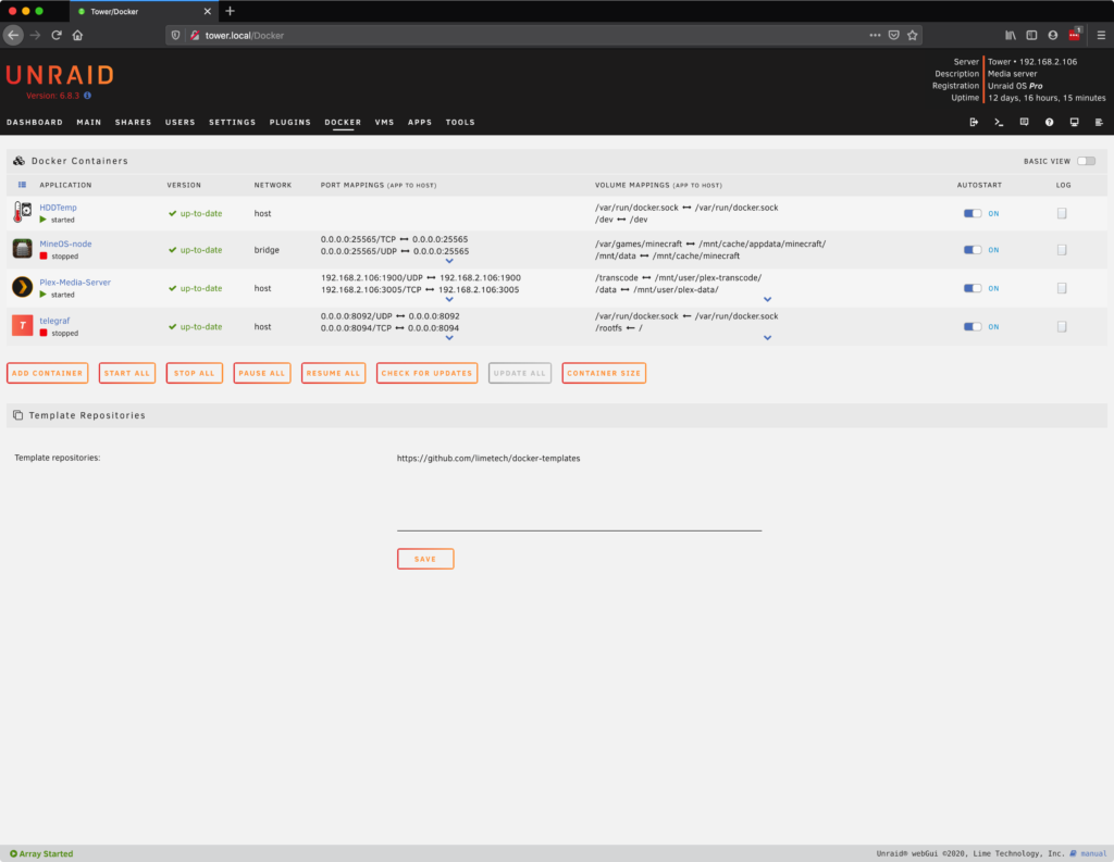 HDDTemp and Telegraf dokcers in Unraid